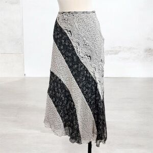 Spenser Jeremy Patchwork Black Floral Polka Dot Silk Midi Maxi Skirt Medium